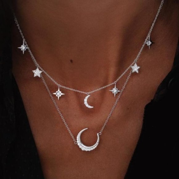 Jewelry - Dainty Boho Layered Silver Moon & Stars Necklace